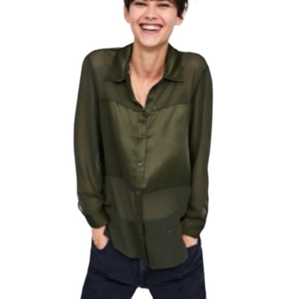 Zara Olive Green Satin Sheer Button Down Shirt size Small